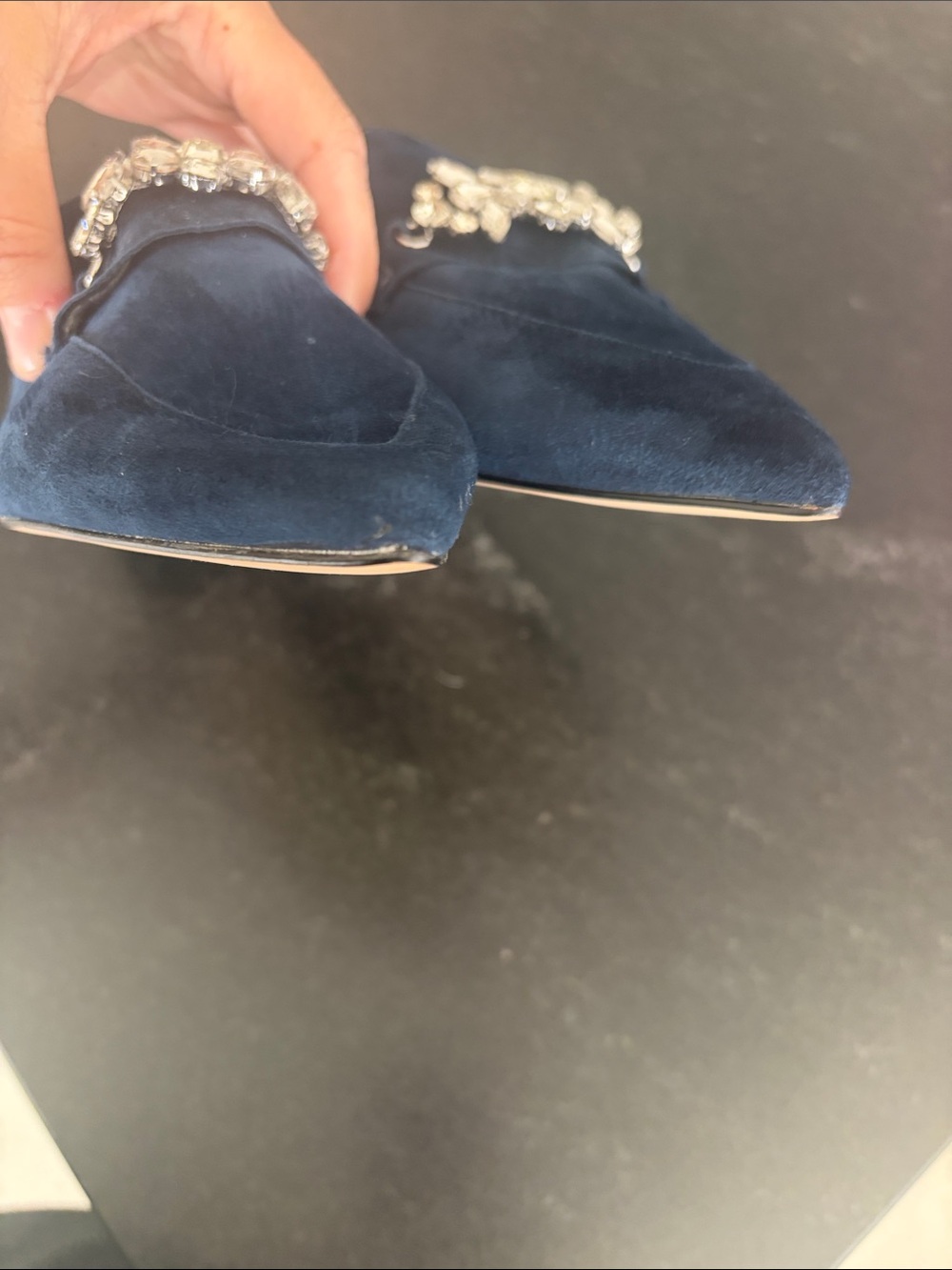 Talbots Navy Suede Pointed Toe Loafers with Crystal Embellishment - Picture 5 of 5